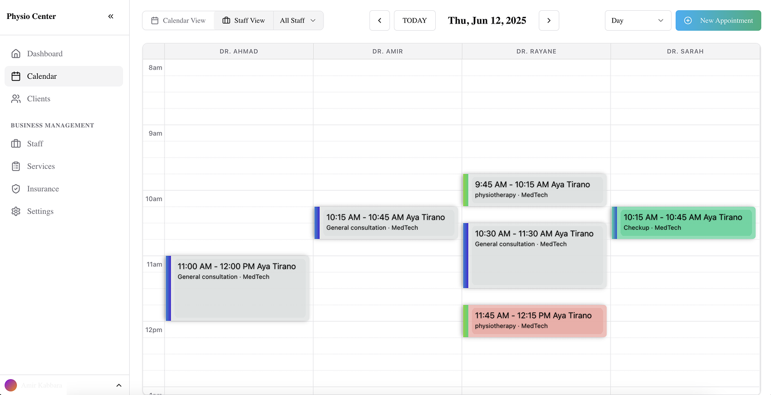 Jadwalak Calendar Interface showing multiple staff scheduling view